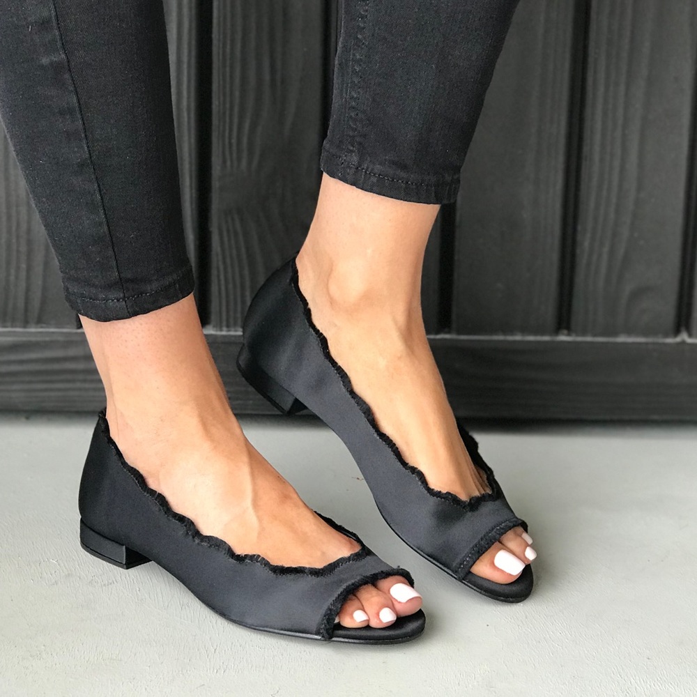 Anthropologie - Scalloped Satin Lux Peep Toe Flats